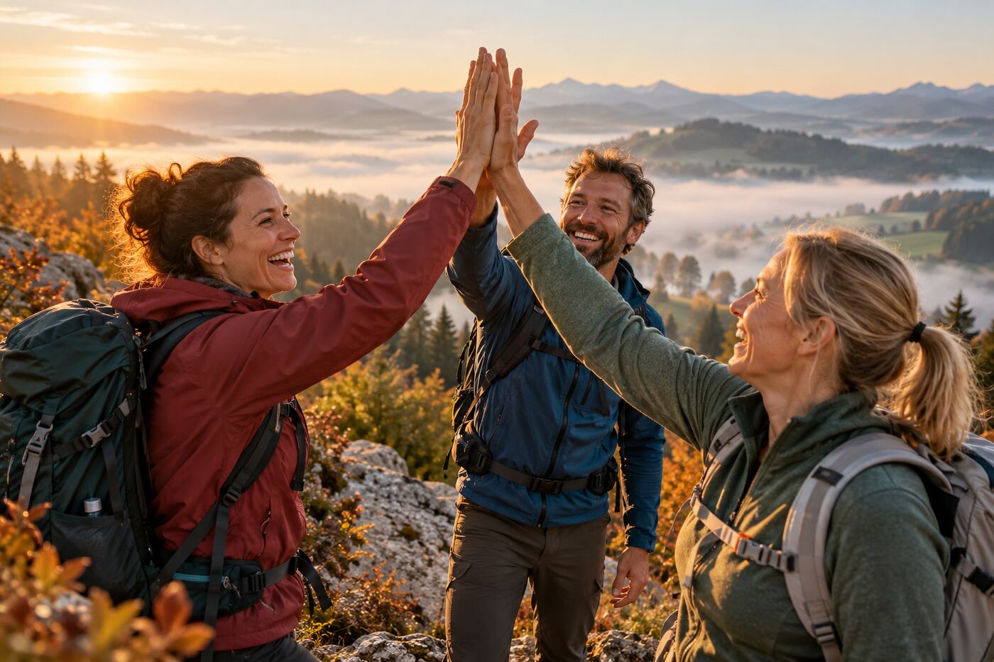 Drei Freunde klatschen sich nach einer Wanderung auf einem Aussichtspunkt ab.