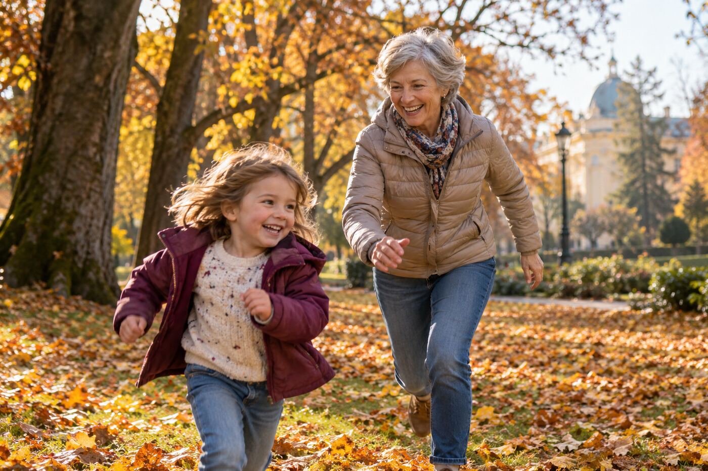 Eine fröhliche Frau um die 60 spielt im herbstlichen Park mit ihrem Enkelkind Fangen.